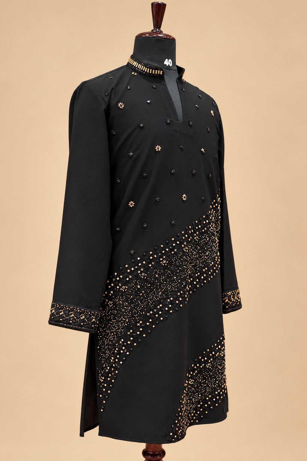 Black and Gold Embellished Men's Kurta Pant Set with Diagonal Ornamental Detailing