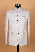 Ivory Jacquard Bandhgala Suit for Men with Mandarin Collar