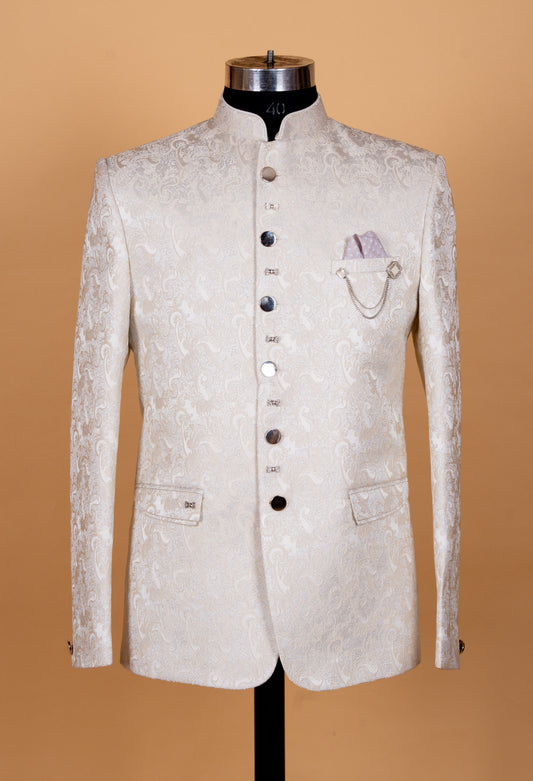 Ivory jacquard Bandhgala suit for men with mandarin collar – product image 2