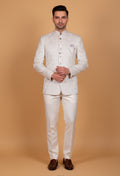 Ivory Jacquard Bandhgala Suit for Men with Mandarin Collar