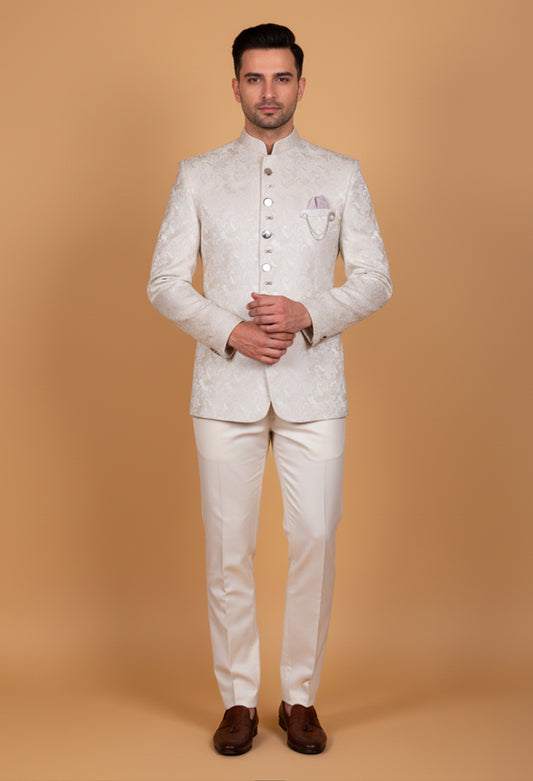 Ivory Jacquard Bandhgala Suit for Men with Mandarin Collar