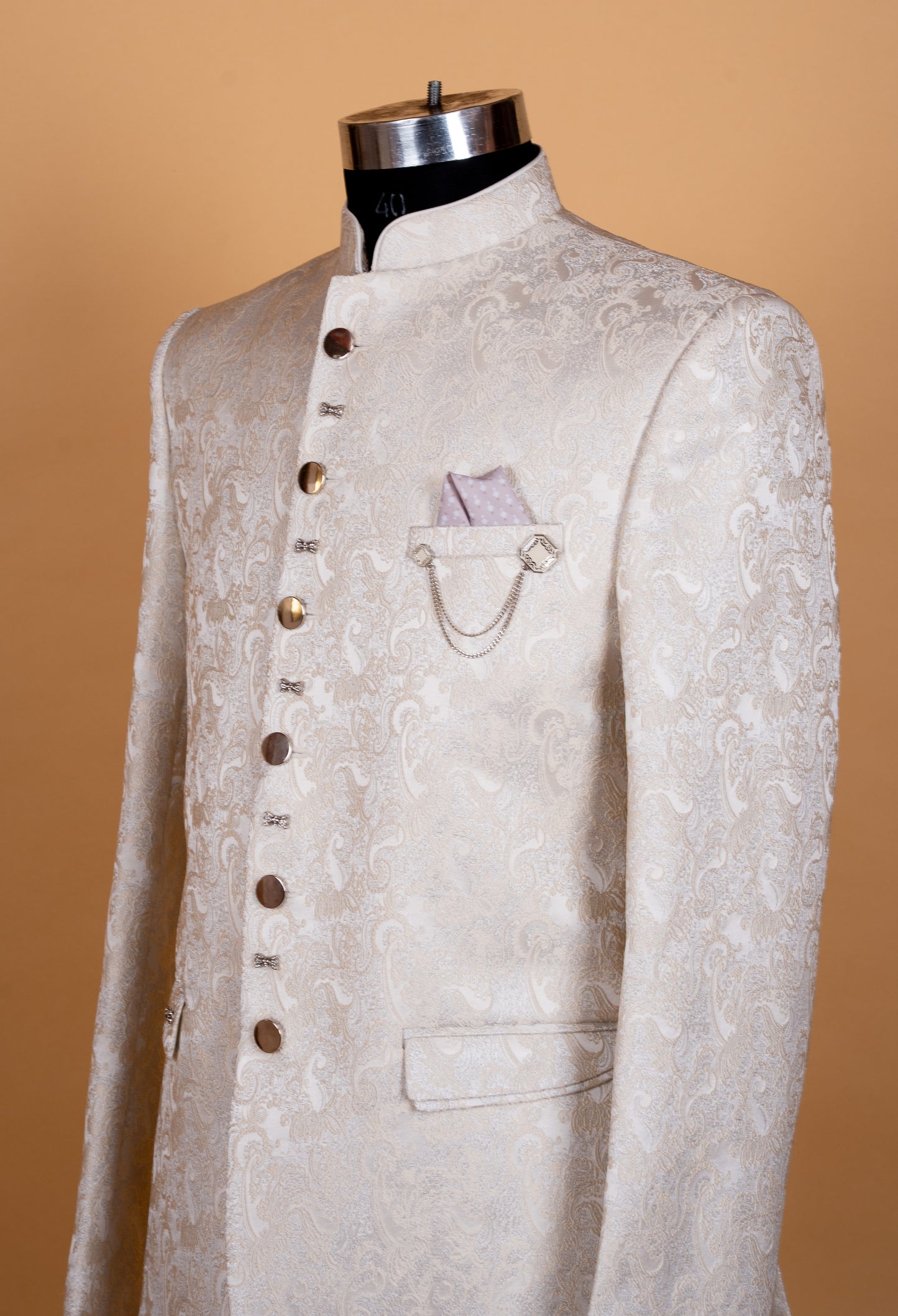Ivory Jacquard Bandhgala Suit for Men with Mandarin Collar