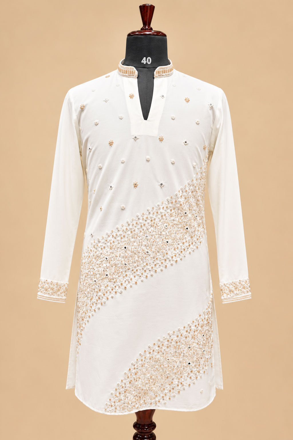Ivory White and Gold Embroidered Men's Kurta Pant Set with Diagonal Floral Detailing