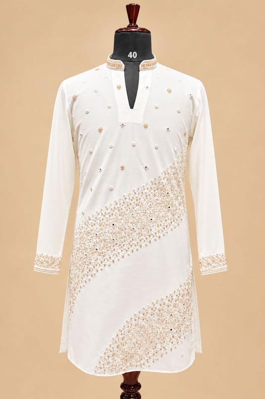 Ivory White and Gold Embroidered Men's Kurta Pant Set with Diagonal Floral Detailing