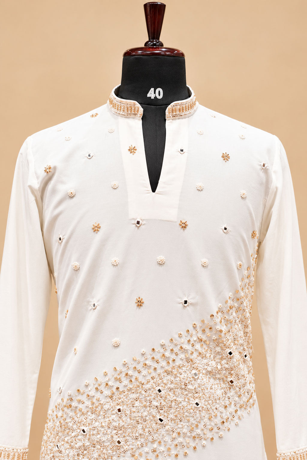 Ivory White and Gold Embroidered Men's Kurta Pant Set with Diagonal Floral Detailing