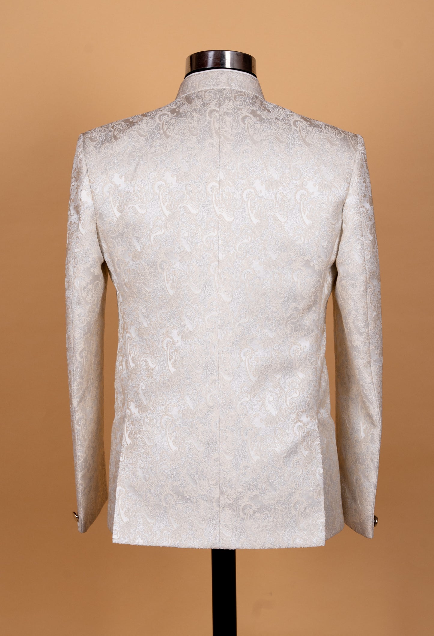 Ivory Jacquard Bandhgala Suit for Men with Mandarin Collar