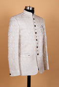 Ivory Jacquard Bandhgala Suit for Men with Mandarin Collar
