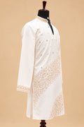 Ivory White and Gold Embroidered Men's Kurta Pant Set with Diagonal Floral Detailing