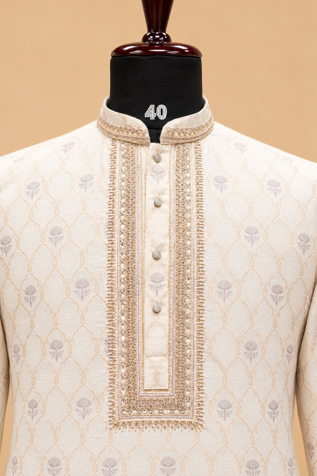 Premium Ivory Men's Kurta Pyjama Set with Gold Geometric Pattern and Embroidered Neckline