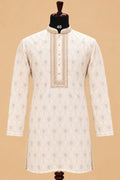 Premium Ivory Men's Kurta Pyjama Set with Gold Geometric Pattern and Embroidered Neckline