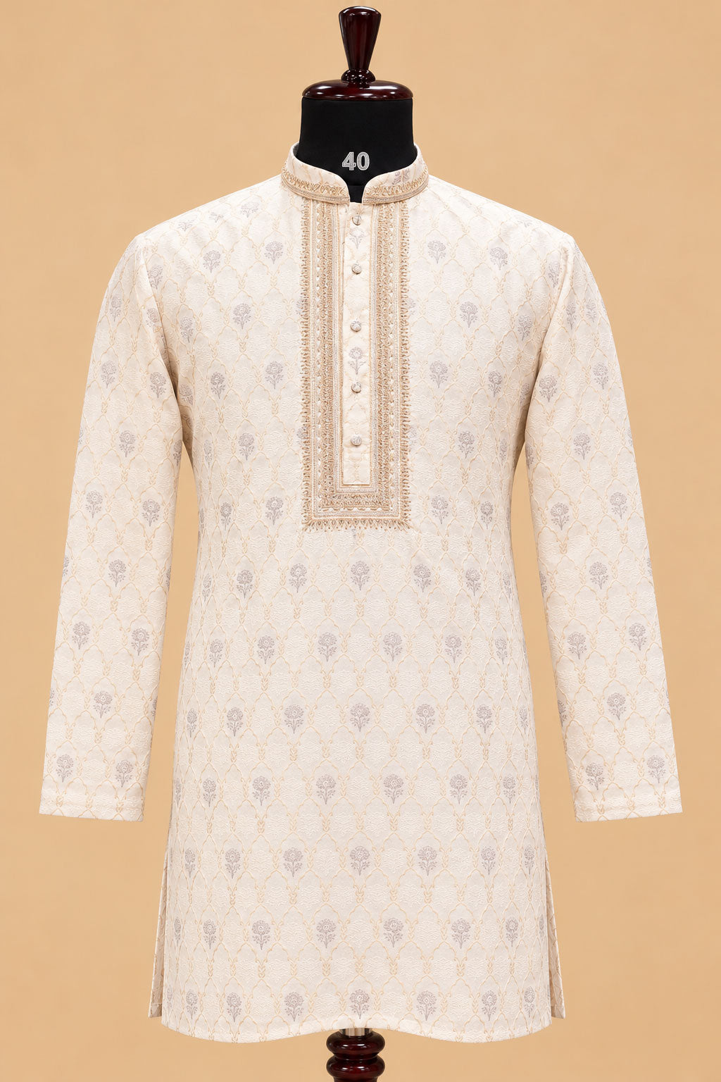 Premium Ivory Men's Kurta Pyjama Set with Gold Geometric Pattern and Embroidered Neckline