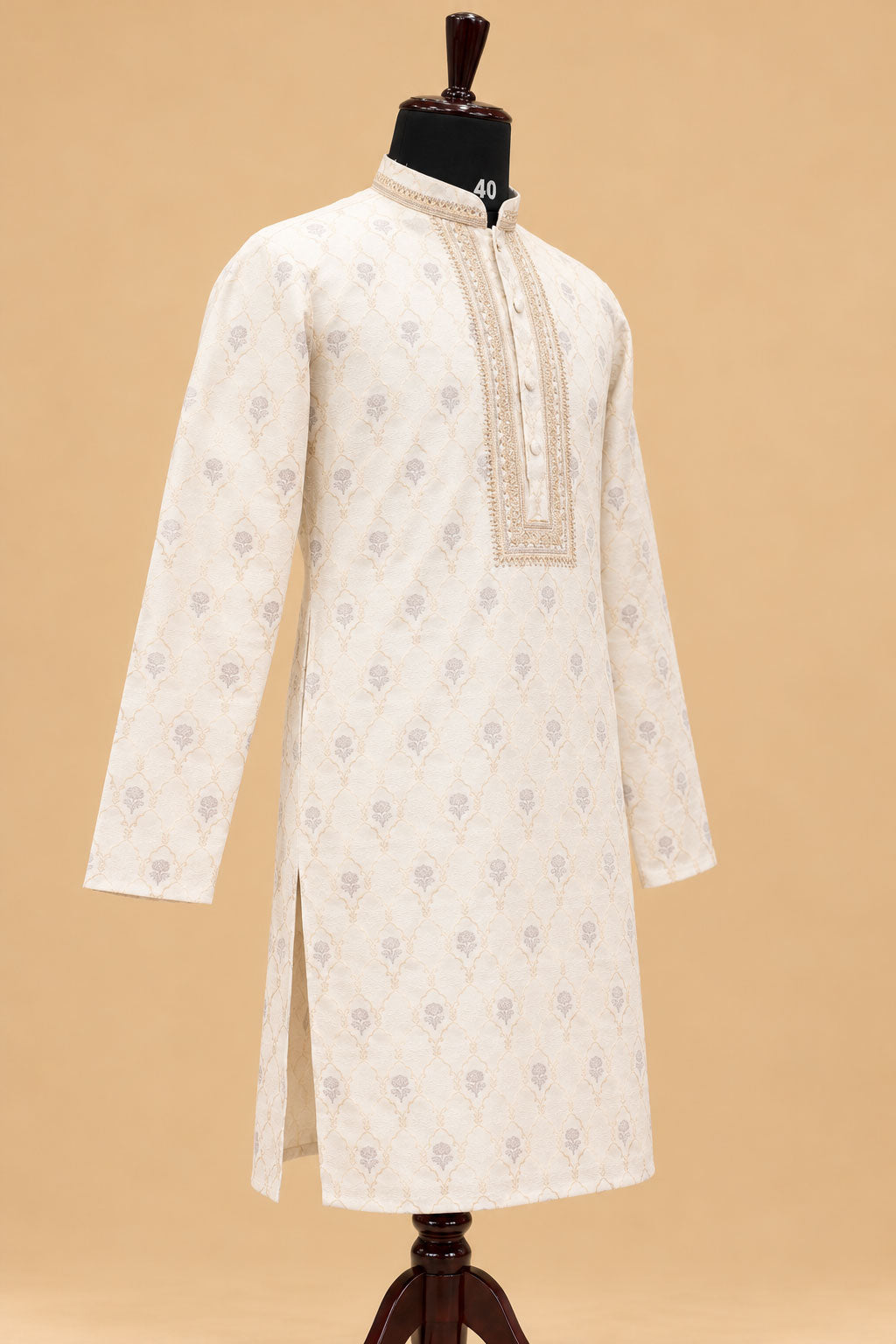 Premium Ivory Men's Kurta Pyjama Set with Gold Geometric Pattern and Embroidered Neckline