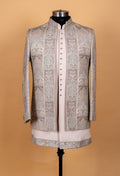 Silver Grey | Silver grey patchwork embroidered sherwani set for men – product image 2 | 2