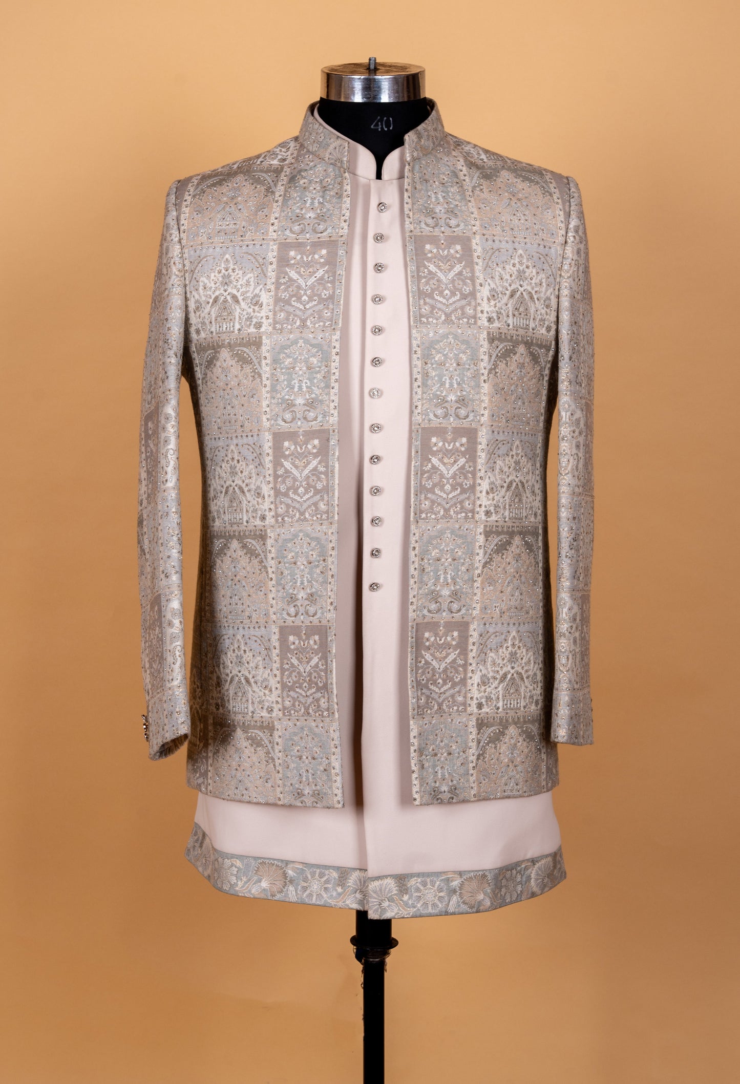 Silver Grey | Silver grey patchwork embroidered sherwani set for men – product image 2 | 2