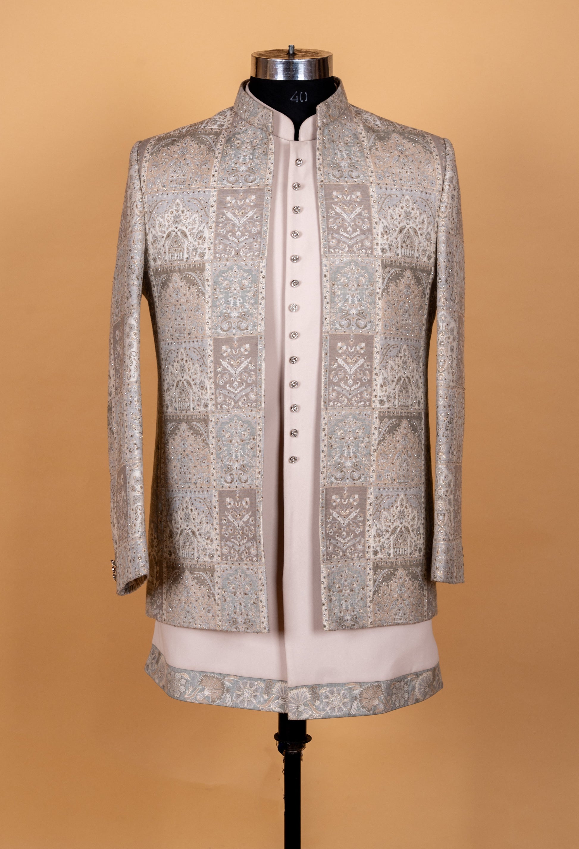 Silver Grey | Silver grey patchwork embroidered sherwani set for men – product image 2 | 2