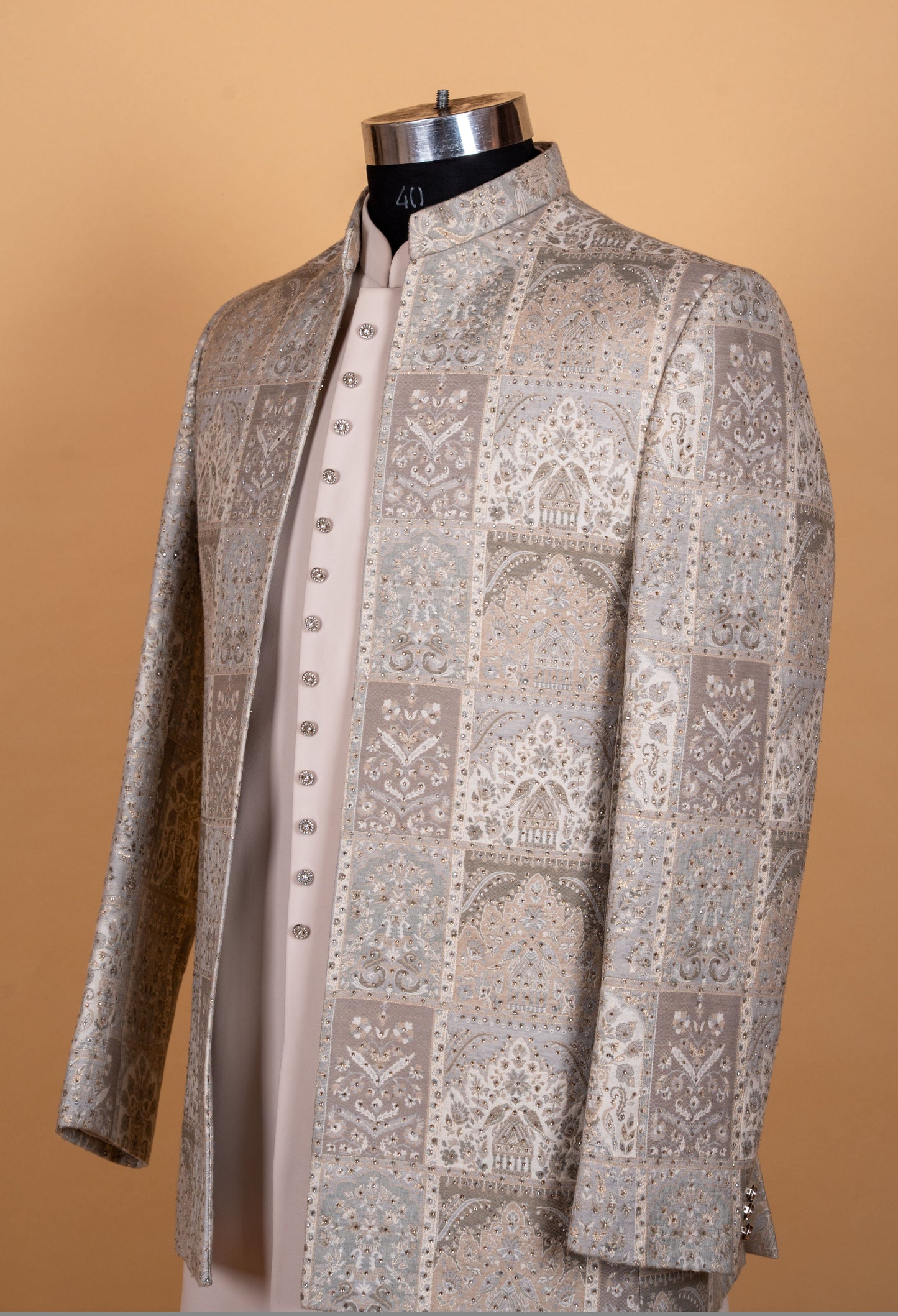 Silver Grey | Silver grey patchwork embroidered sherwani set for men – product image 3 | 3