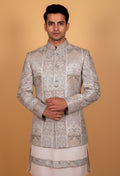 Silver Grey Patchwork Embroidered Sherwani Set for Men – Luxury Wedding & Groom Wear