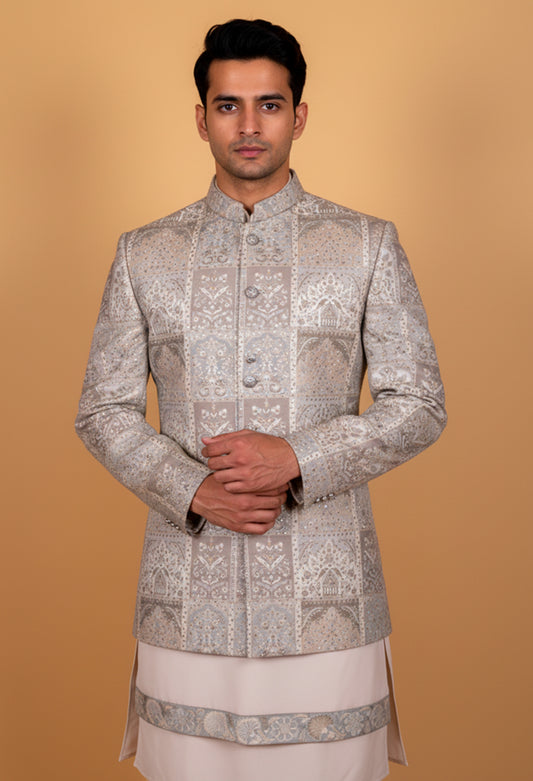 Silver Grey Patchwork Embroidered Sherwani Set for Men – Luxury Wedding & Groom Wear