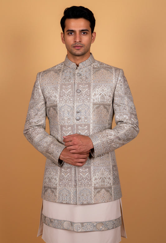 Silver Grey | Silver grey patchwork embroidered sherwani set for men – product image 1 | 1