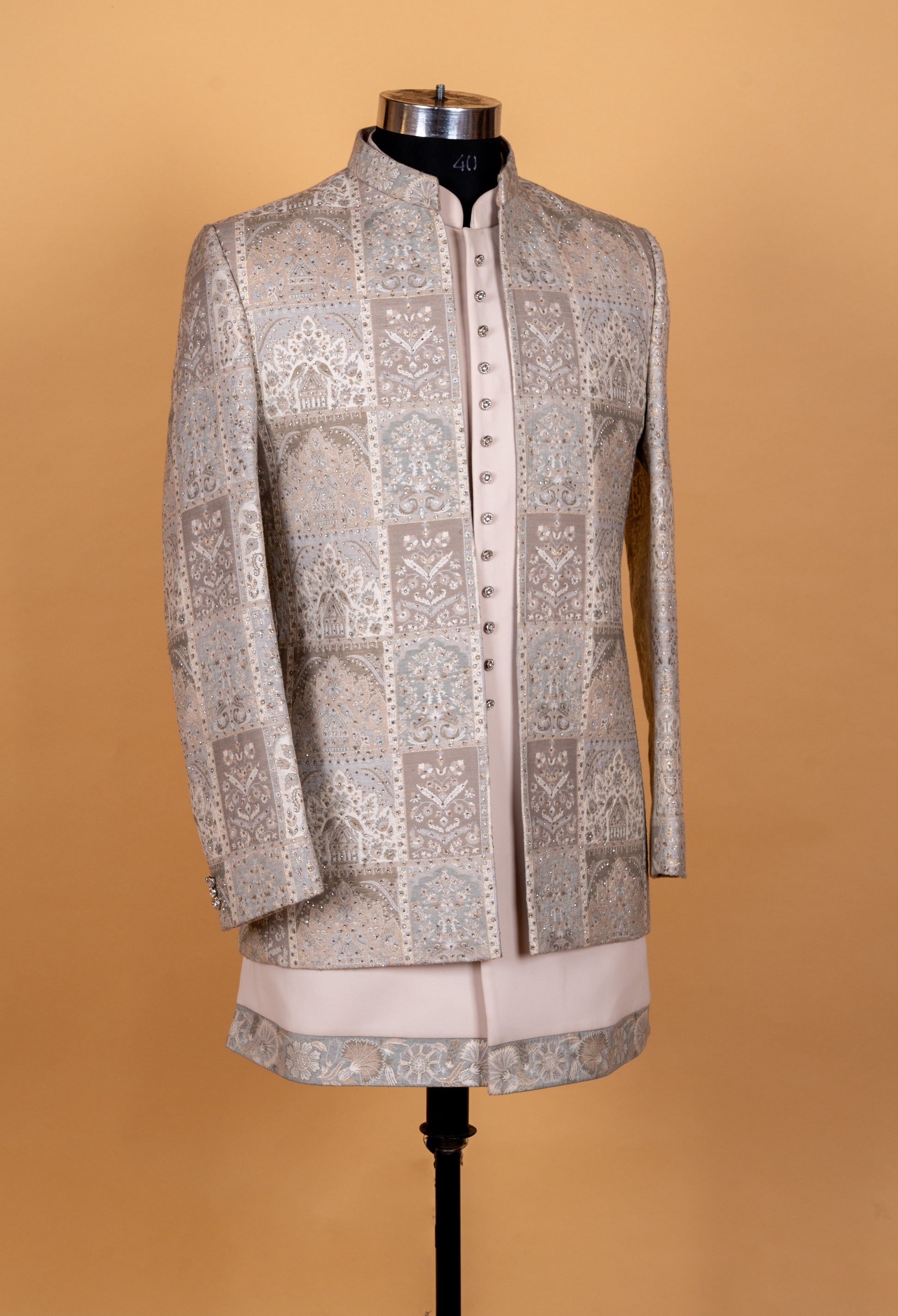 Silver Grey | Silver grey patchwork embroidered sherwani set for men – product image 5 | 5
