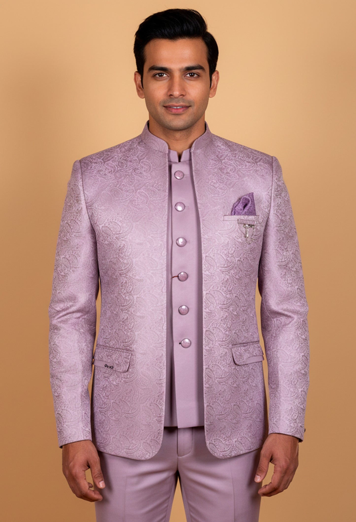 Lavender Jacquard Bandhgala Suit Set for Men – Designer Wedding & Reception Wear