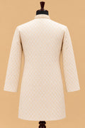 Premium Ivory Men's Kurta Pyjama Set with Gold Geometric Pattern and Embroidered Neckline