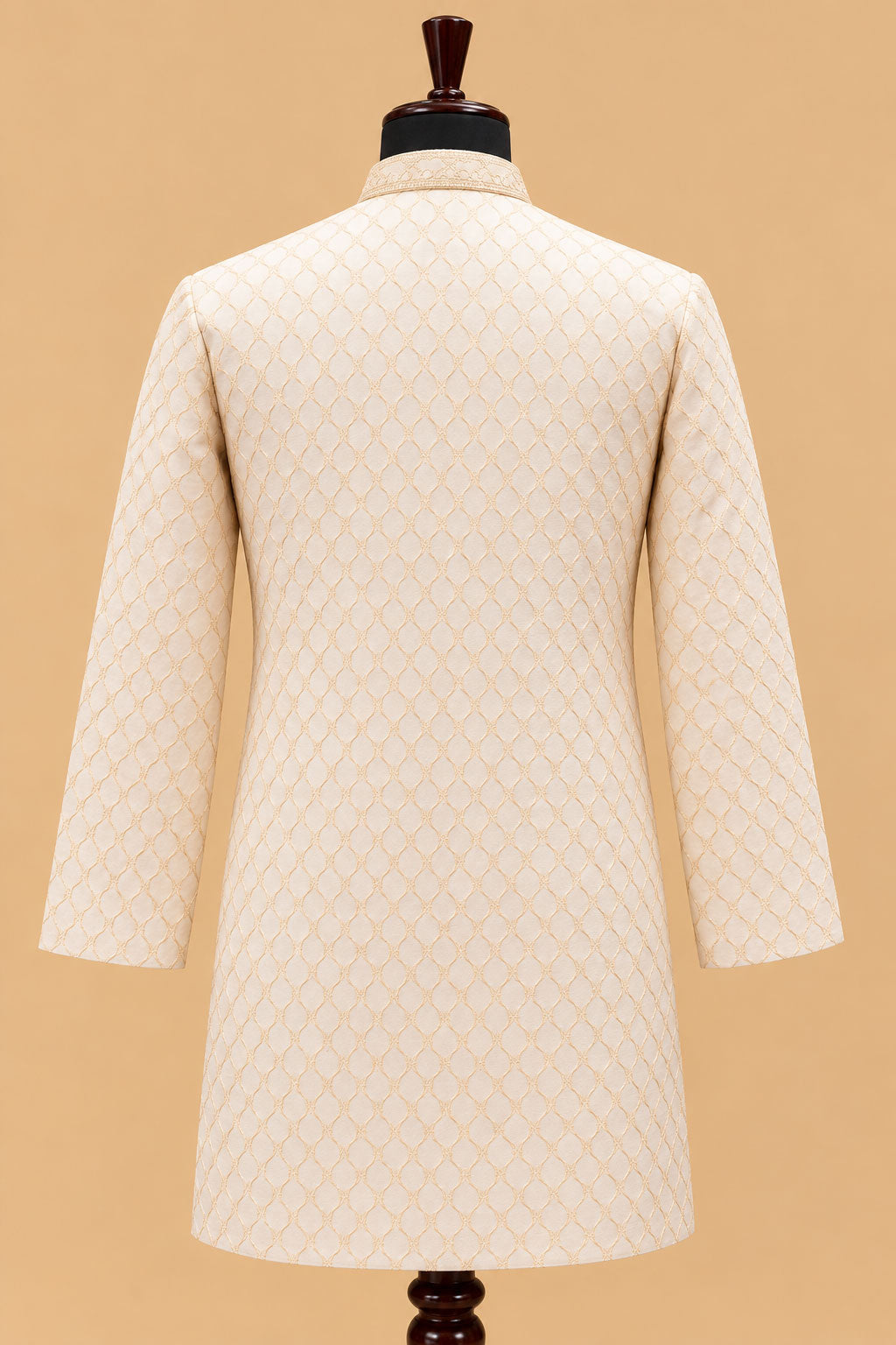 Premium Ivory Men's Kurta Pyjama Set with Gold Geometric Pattern and Embroidered Neckline