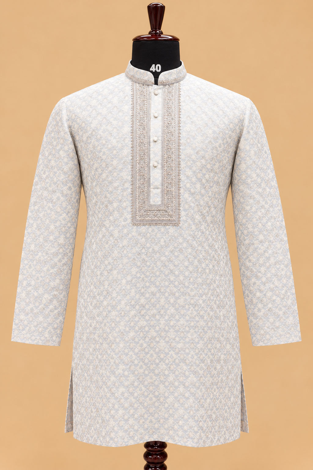 Premium Pastel Sky Blue Men's Kurta Pyjama Set with Intricate Geometric Pattern and Embroidered Neckline
