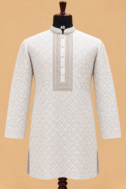 Premium Pastel Sky Blue Men's Kurta Pyjama Set with Intricate Geometric Pattern and Embroidered Neckline