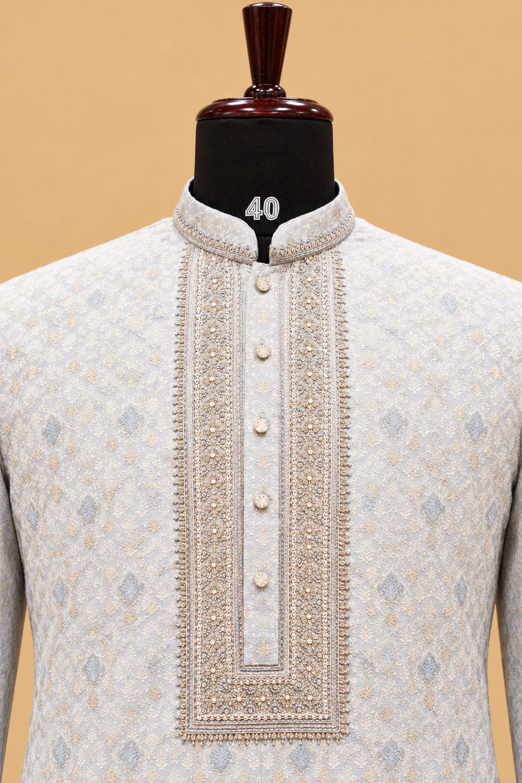 Premium Pastel Sky Blue Men's Kurta Pyjama Set with Intricate Geometric Pattern and Embroidered Neckline