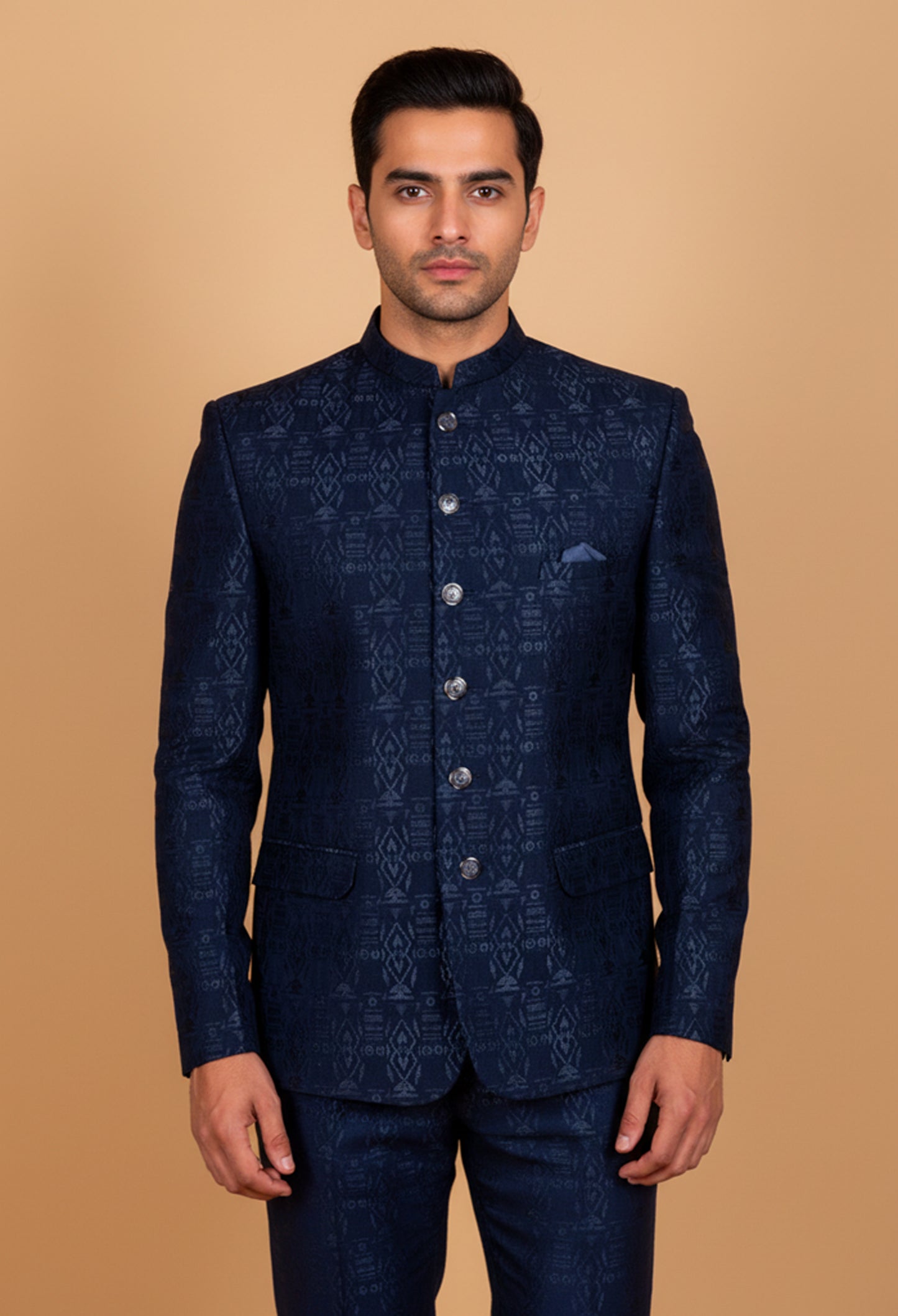 Midnight Navy Textured Bandhgala Suit for Men – Designer Wedding & Reception Wear