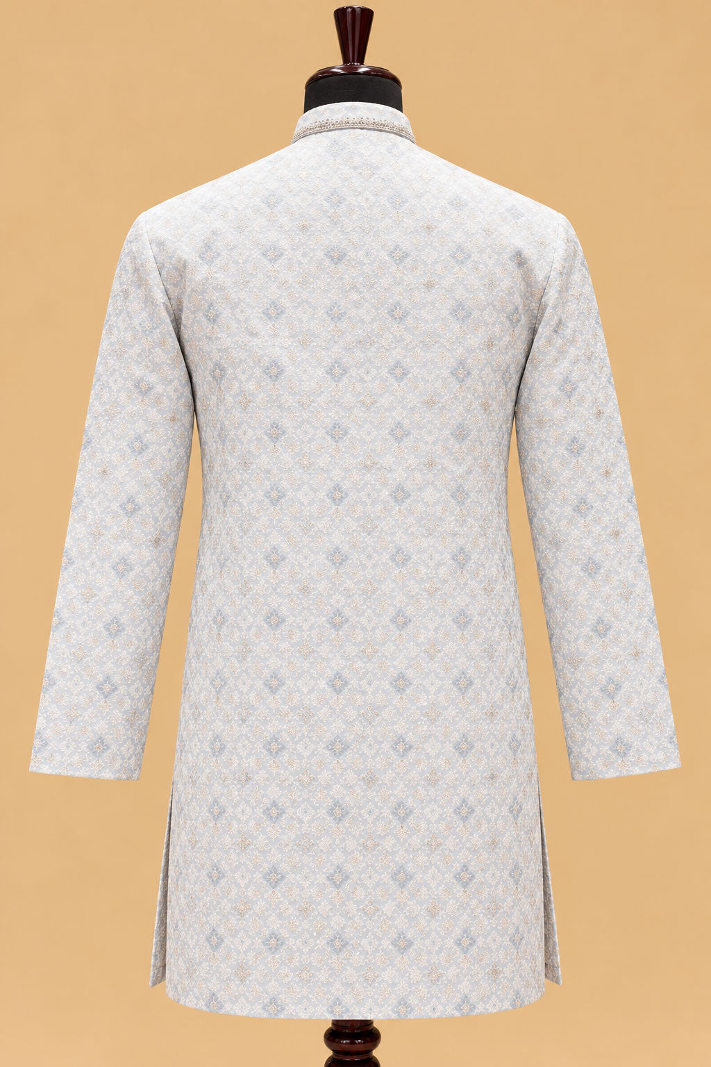 Premium Pastel Sky Blue Men's Kurta Pyjama Set with Intricate Geometric Pattern and Embroidered Neckline