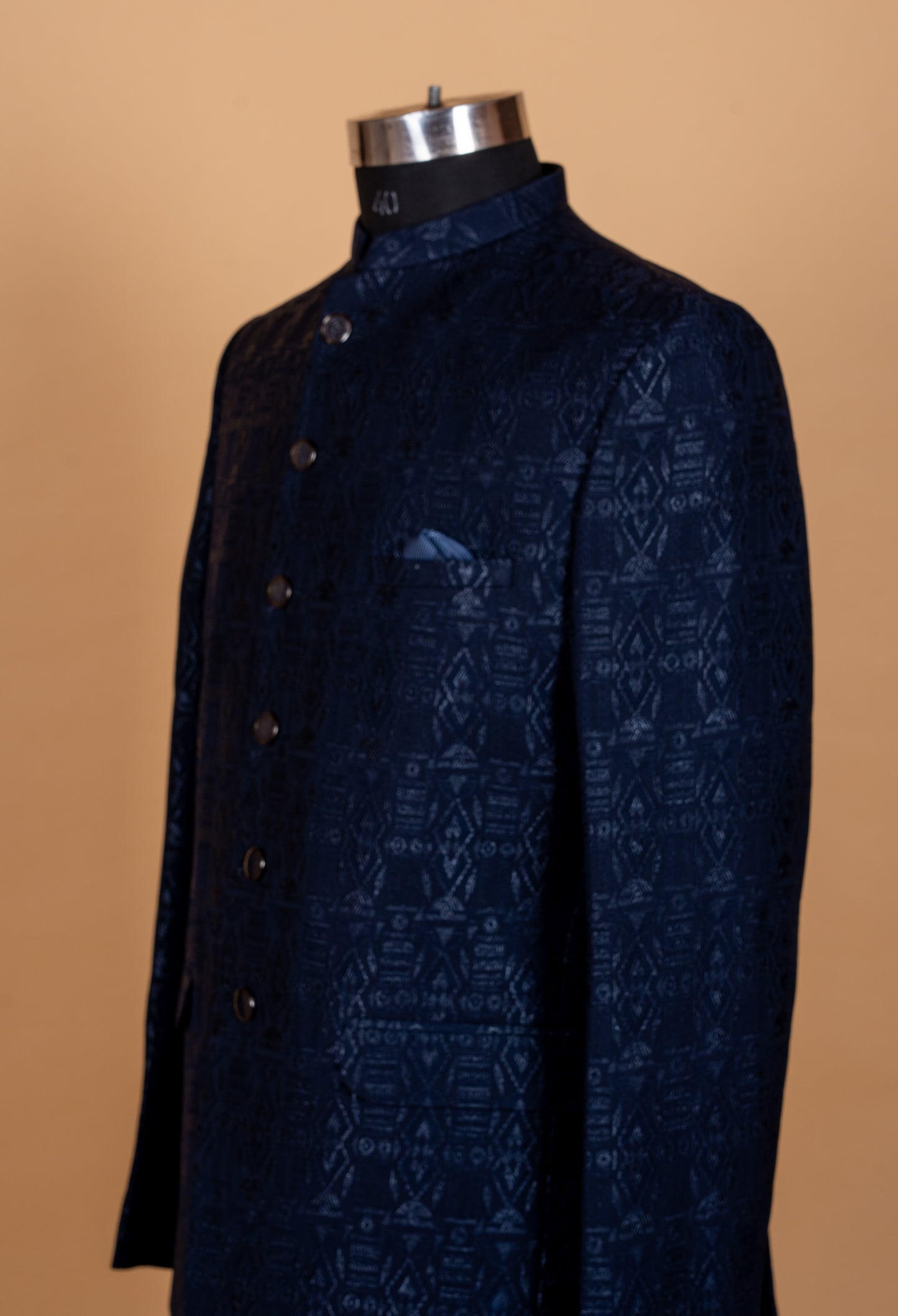 Midnight Navy Textured Bandhgala Suit for Men – Designer Wedding & Reception Wear