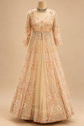 Premium Champagne Peach Embroidered Bridal Anarkali Gown with Floral Sequin Work and Net Dupatta