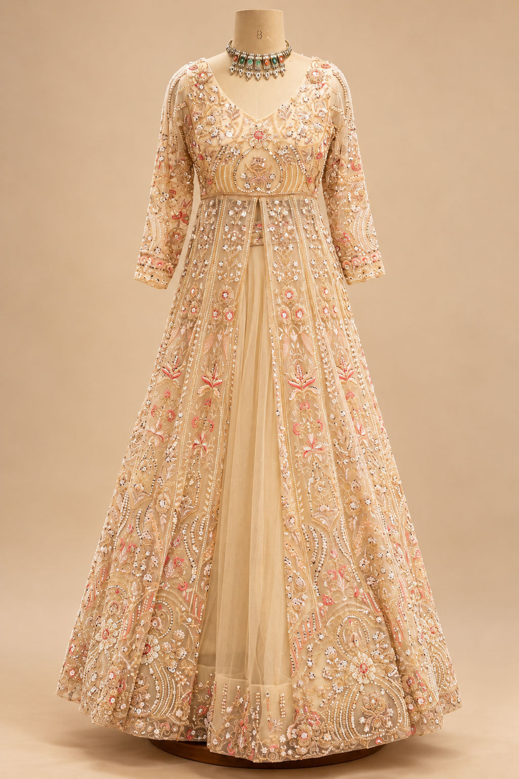Premium Champagne Peach Embroidered Bridal Anarkali Gown with Floral Sequin Work and Net Dupatta