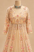 Premium Champagne Peach Embroidered Bridal Anarkali Gown with Floral Sequin Work and Net Dupatta