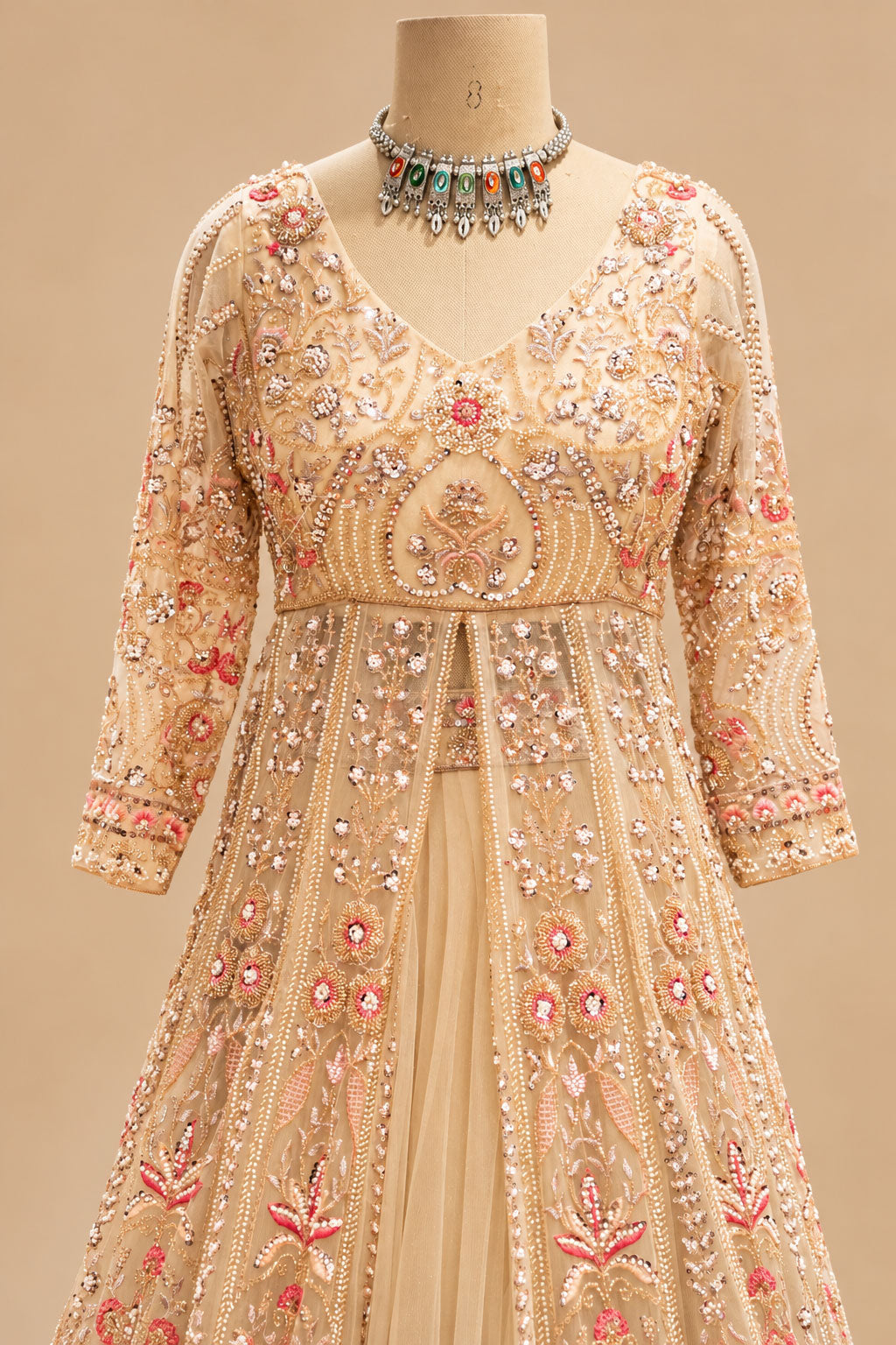 Premium Champagne Peach Embroidered Bridal Anarkali Gown with Floral Sequin Work and Net Dupatta