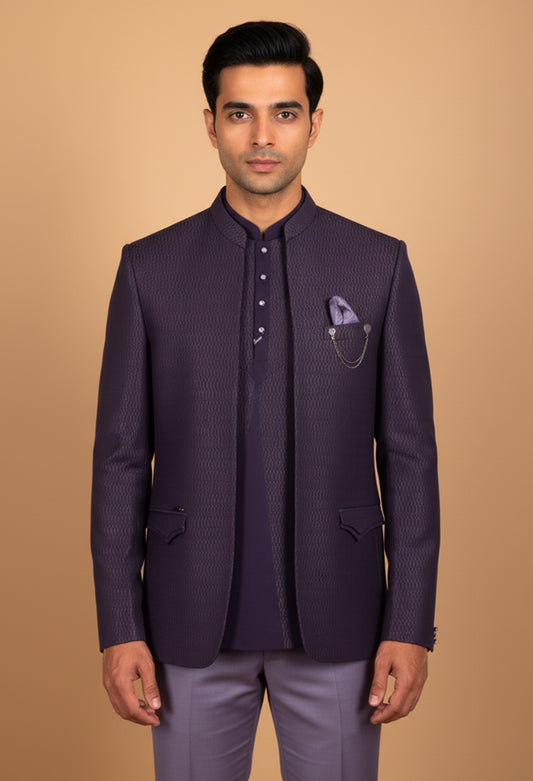Royal Plum Textured Bandhgala Jacket Set for Men