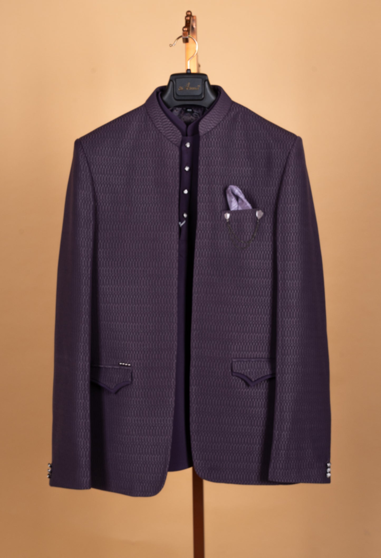 Royal Plum Textured Bandhgala Jacket Set for Men
