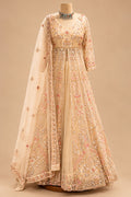 Premium Champagne Peach Embroidered Bridal Anarkali Gown with Floral Sequin Work and Net Dupatta