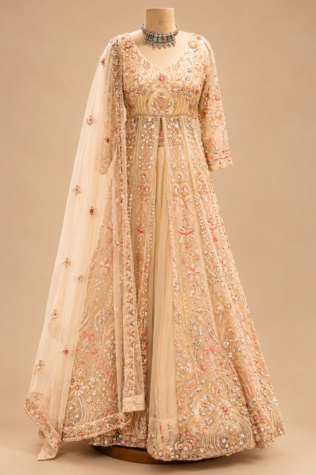 Premium Champagne Peach Embroidered Bridal Anarkali Gown with Floral Sequin Work and Net Dupatta