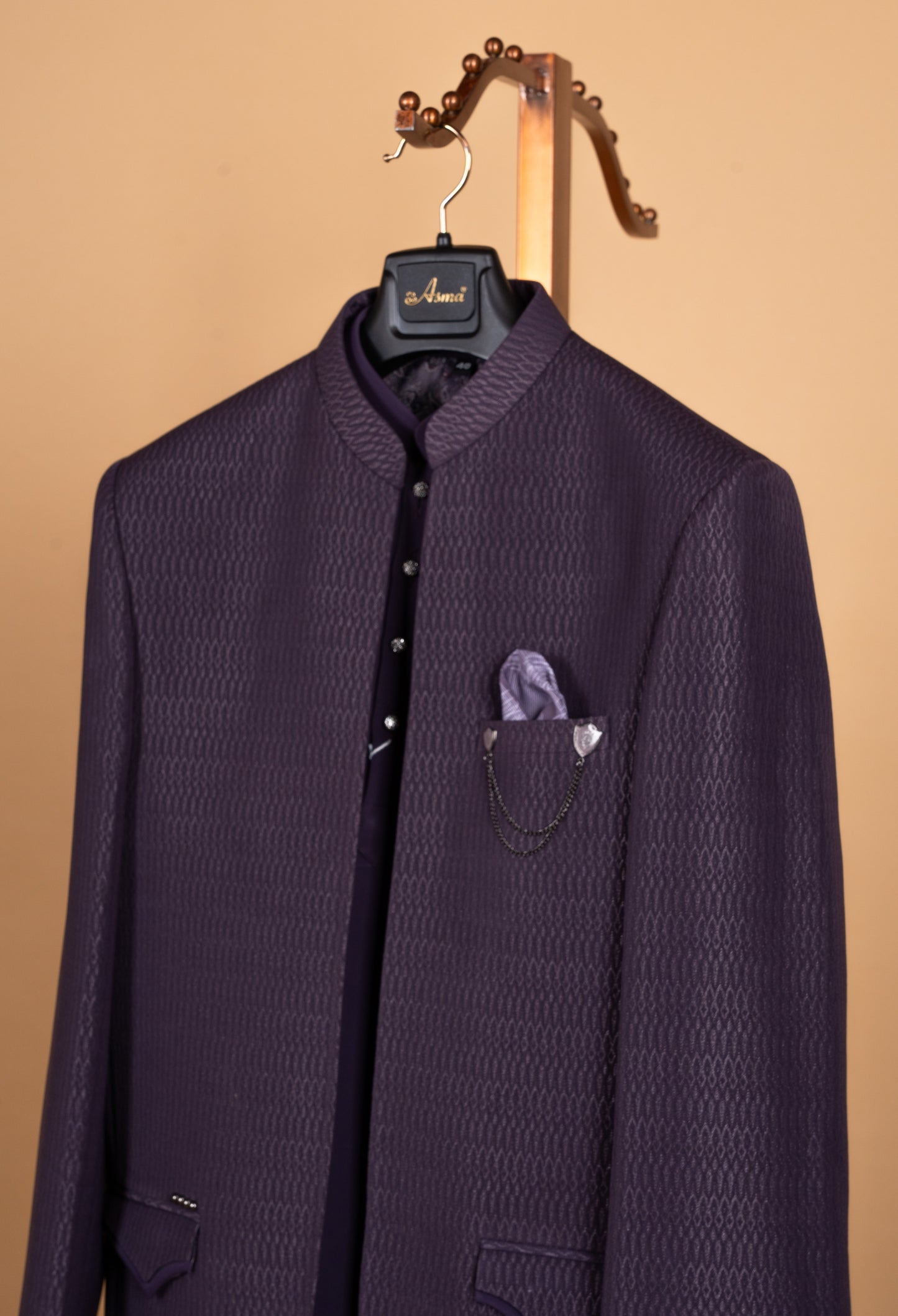 Royal Plum Textured Bandhgala Jacket Set for Men