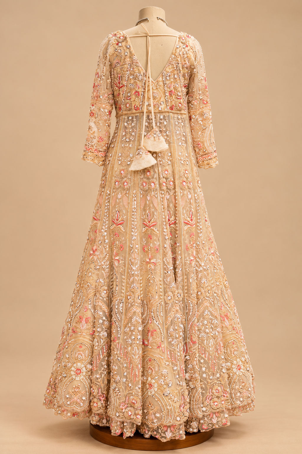Premium Champagne Peach Embroidered Bridal Anarkali Gown with Floral Sequin Work and Net Dupatta