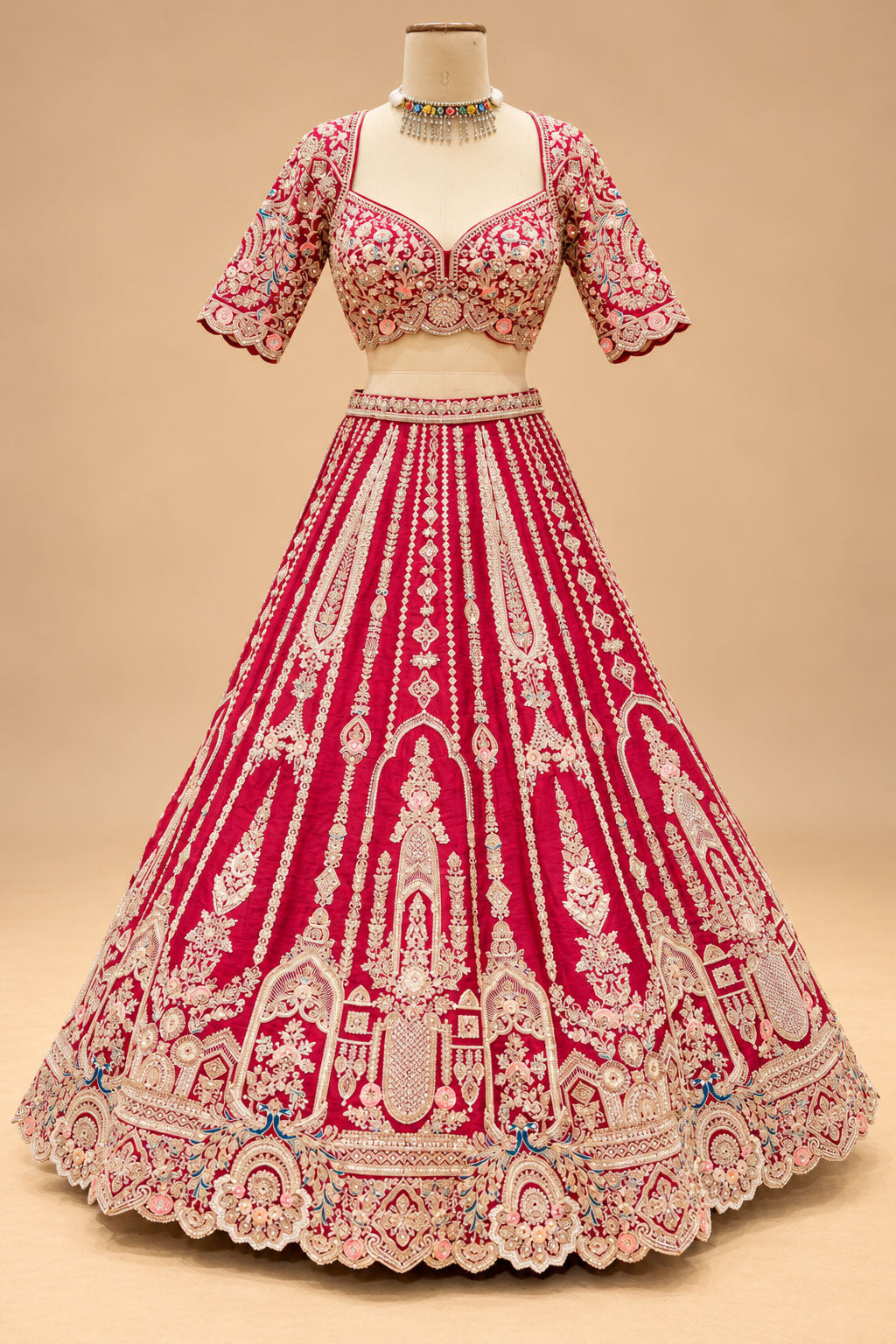 Premium Rani Pink Bridal Lehenga with Heavy Zari Embroidery, Traditional Motifs and Embellished Net Dupatta