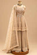 Premium Champagne Gold Embroidered Designer Sharara Set with Peplum Top and Net Dupatta
