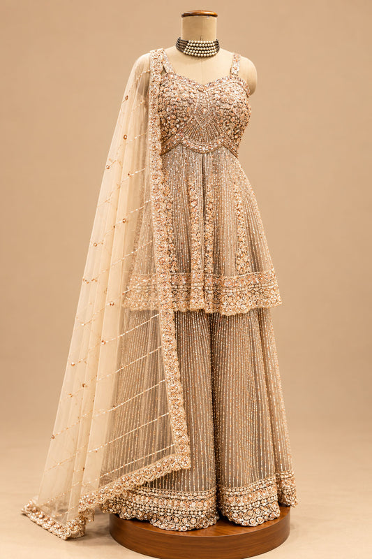Premium Champagne Gold Embroidered Designer Sharara Set with Peplum Top and Net Dupatta