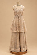 Premium Champagne Gold Embroidered Designer Sharara Set with Peplum Top and Net Dupatta