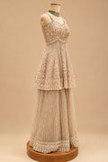 Premium Champagne Gold Embroidered Designer Sharara Set with Peplum Top and Net Dupatta