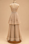 Premium Champagne Gold Embroidered Designer Sharara Set with Peplum Top and Net Dupatta