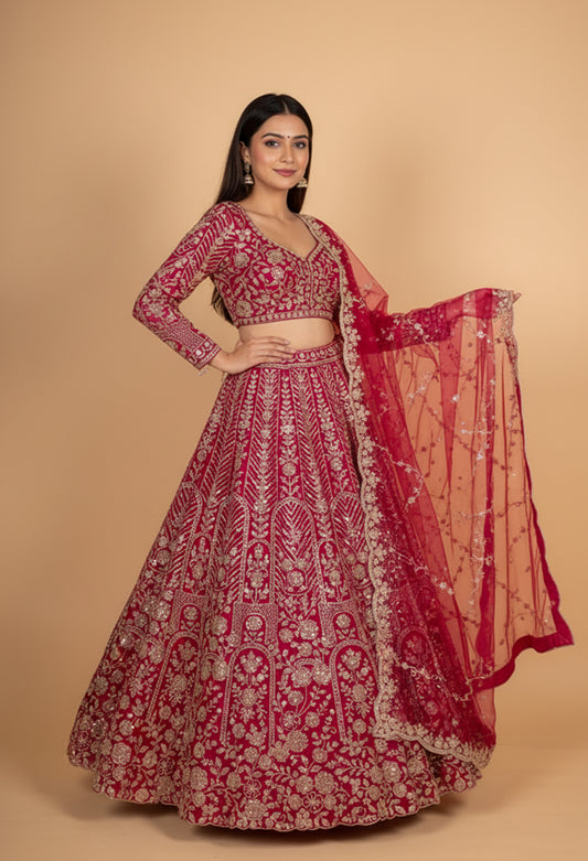 Bridal Red Heavy Embroidered Lehenga Choli with Net Dupatta